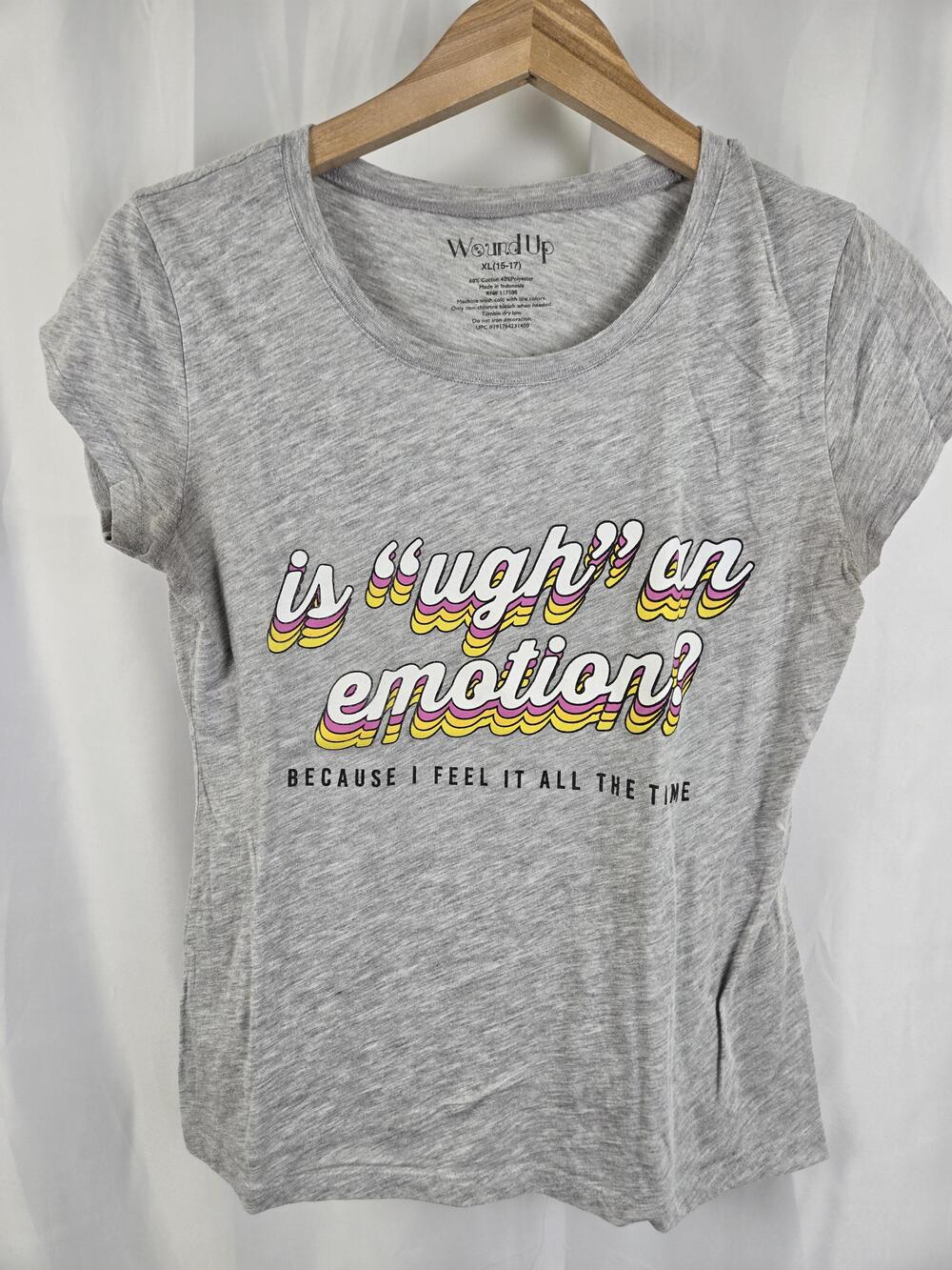 Wound Up Shirt Juniors XL 15-17 Gray Ugh Emotion Funny Quote Graphic Tee